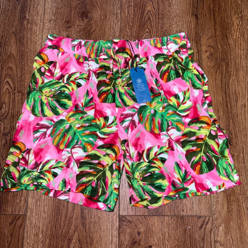 NEW Caribbean Joe Pink Tropical Monstera Print Drawstring Shorts‎ Petite Large